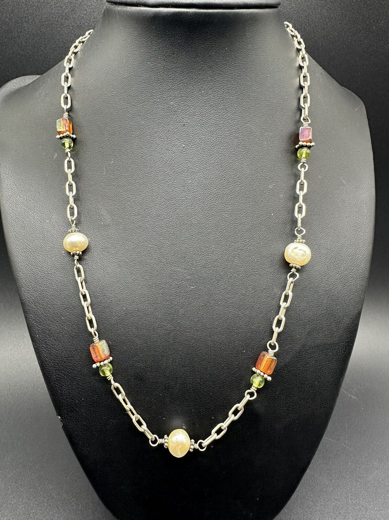 Vintage 925 Sterling Multicolor Glass Beads Pearl Chain Necklace Women 19”