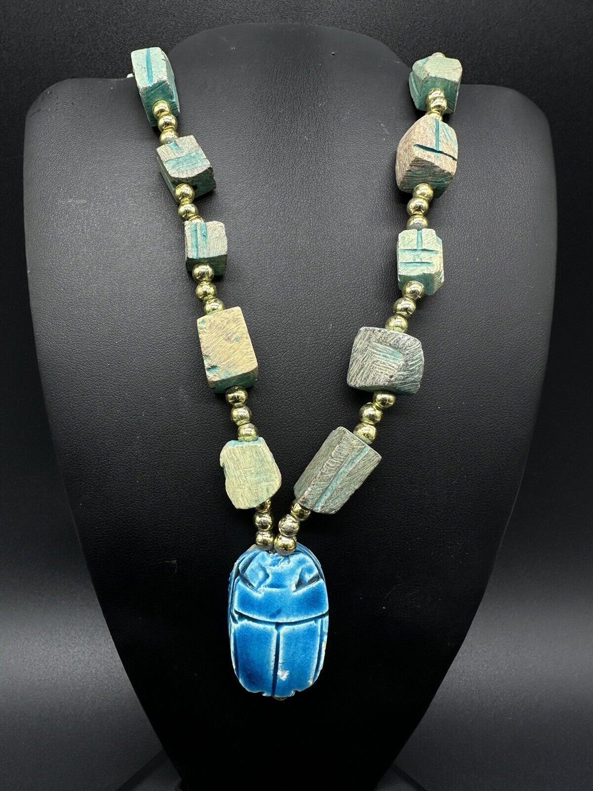 Turquoise Carved Soap Stone Scarab Egyptian Necklace 26” Vintage Signed