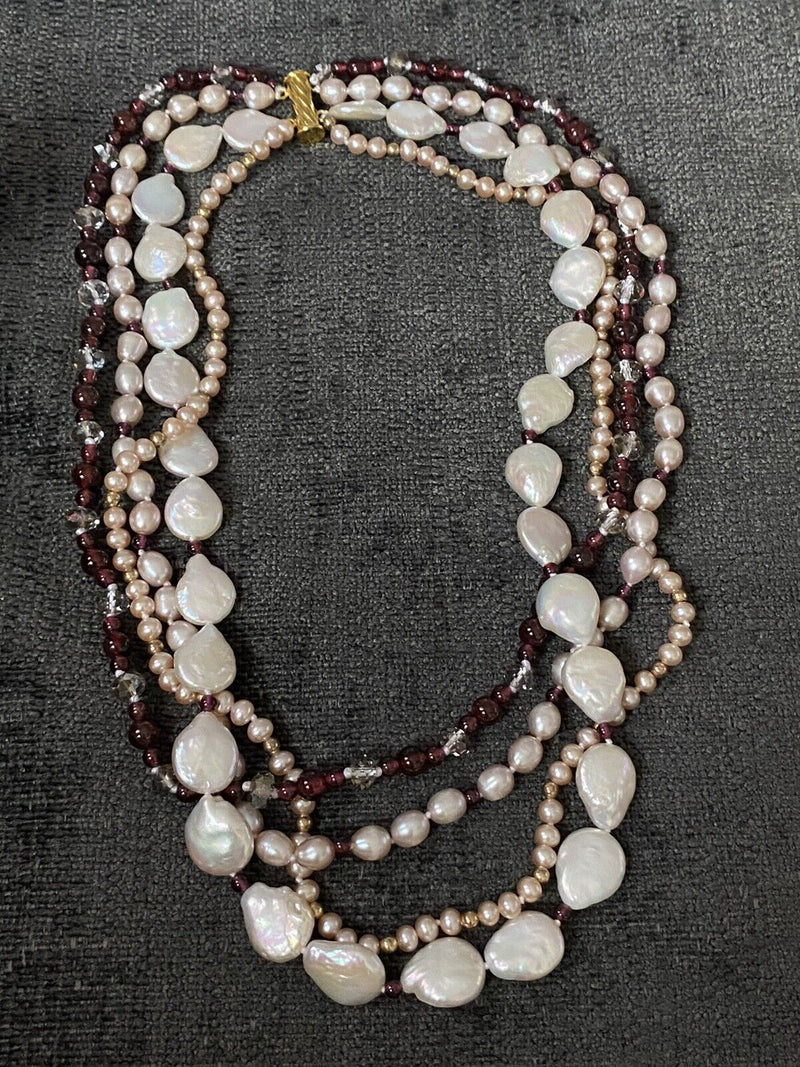 Vintage Freshwater Cultured Pearl Garnet Multi Strand Gold Tone Necklace 18"