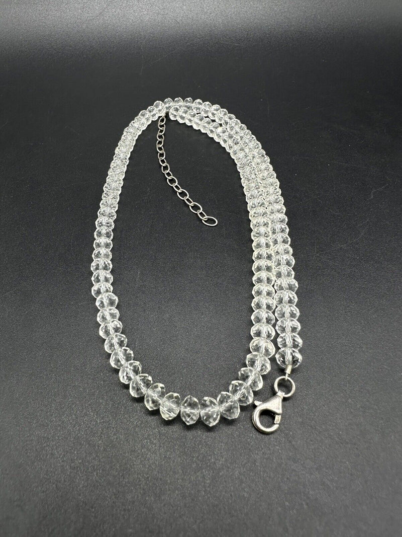 925 Sterling Silver Crystal FacetedGlass Beaded Necklace Handmade 20”