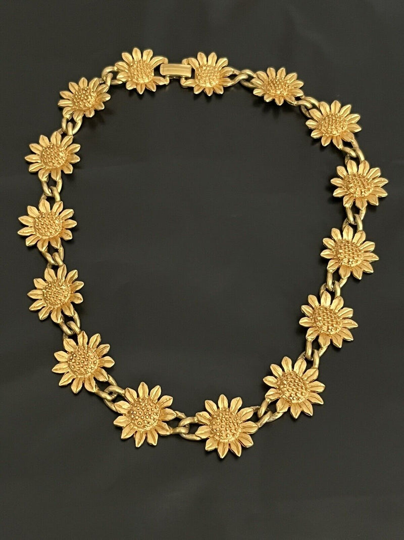 Brush Gold Tone Sunflower Link Necklace 15" long