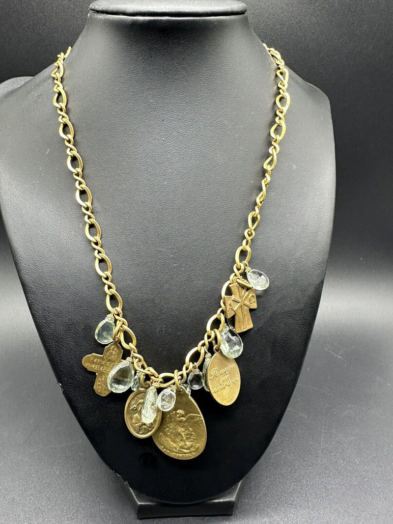 Vintage Catholic Brass Charm Necklace 18.5”