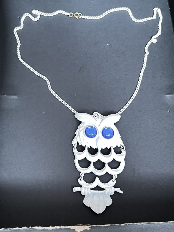White Chain Large Pendant OWL  Statement Necklace 26” Long