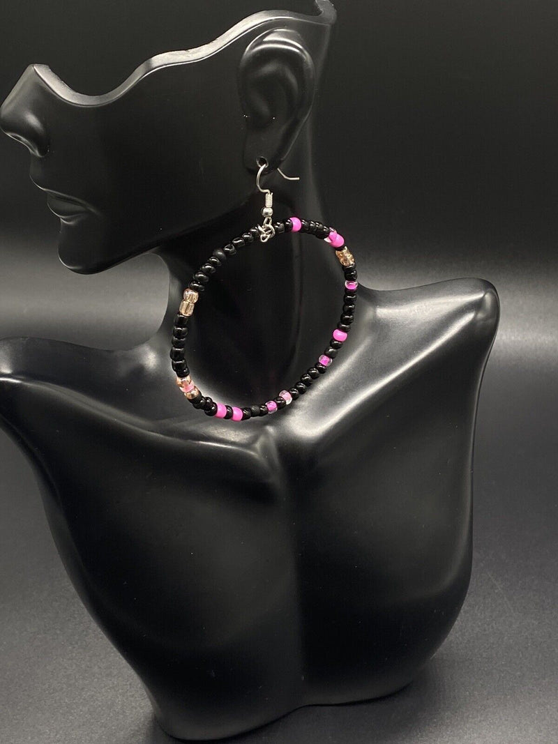 Handmade Crazy Mix Hoop Bead Earrings Seed Bead Pink Black 2.5"