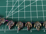 Metallic Carved Leaf Rainbow Hematite Sterling Silver Bead Bracelet 7.5”