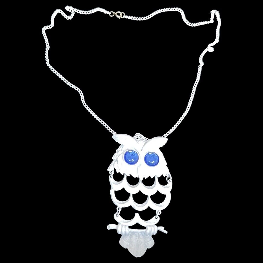 White Chain Large Pendant OWL  Statement Necklace 26” Long