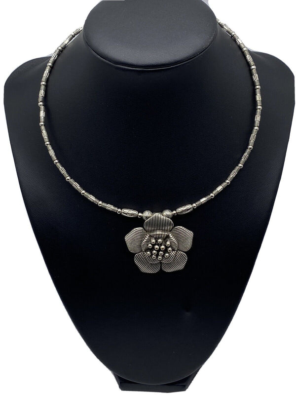 Vintage Inspired  Flower Pendant Silver Tone Choker Necklace