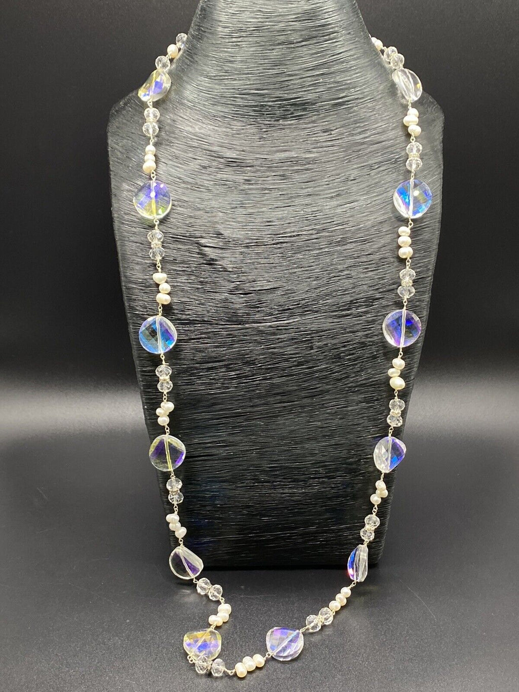 Vintage Silver Aurora Borealis 925 Sterling Silver Bead Pearl Necklace 17-18"