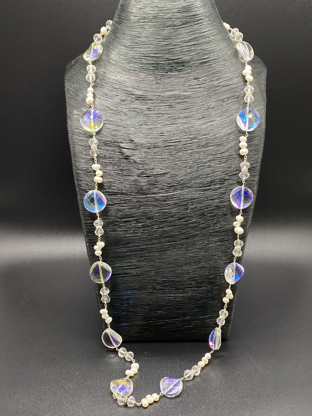 Vintage Silver Aurora Borealis 925 Sterling Silver Bead Pearl Necklace 17-18"