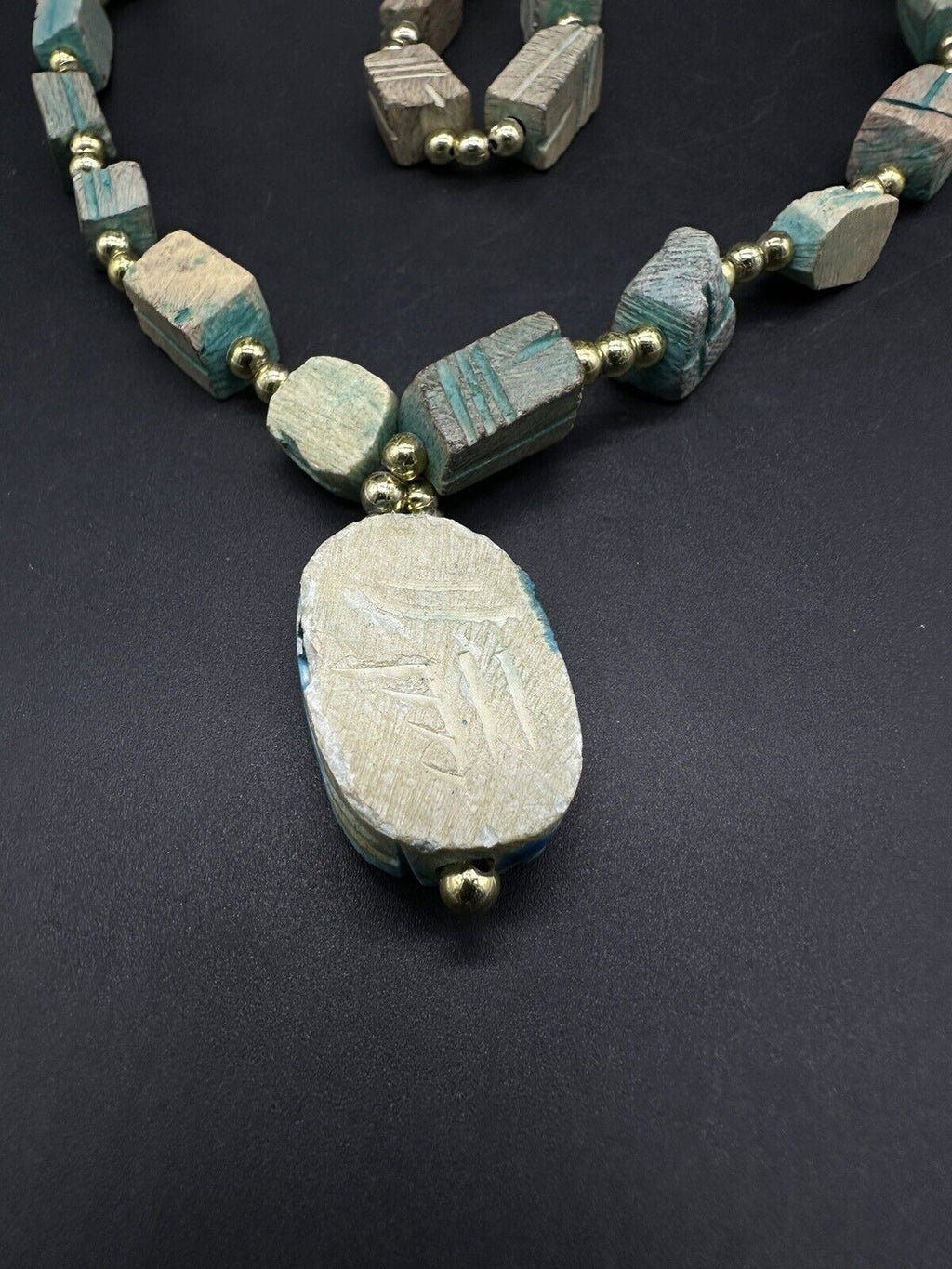 Turquoise Carved Soap Stone Scarab Egyptian Necklace 26” Vintage Signed