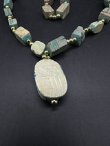 Vintage Turquoise Carved Soap Stone Scarab Beetle Egyptian Signed Necklace 26”