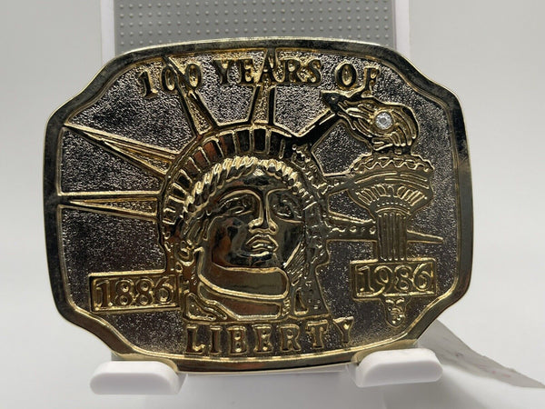 Vintage Large 100 years of Liberty 1986 belt buckle - rhinestone accent!