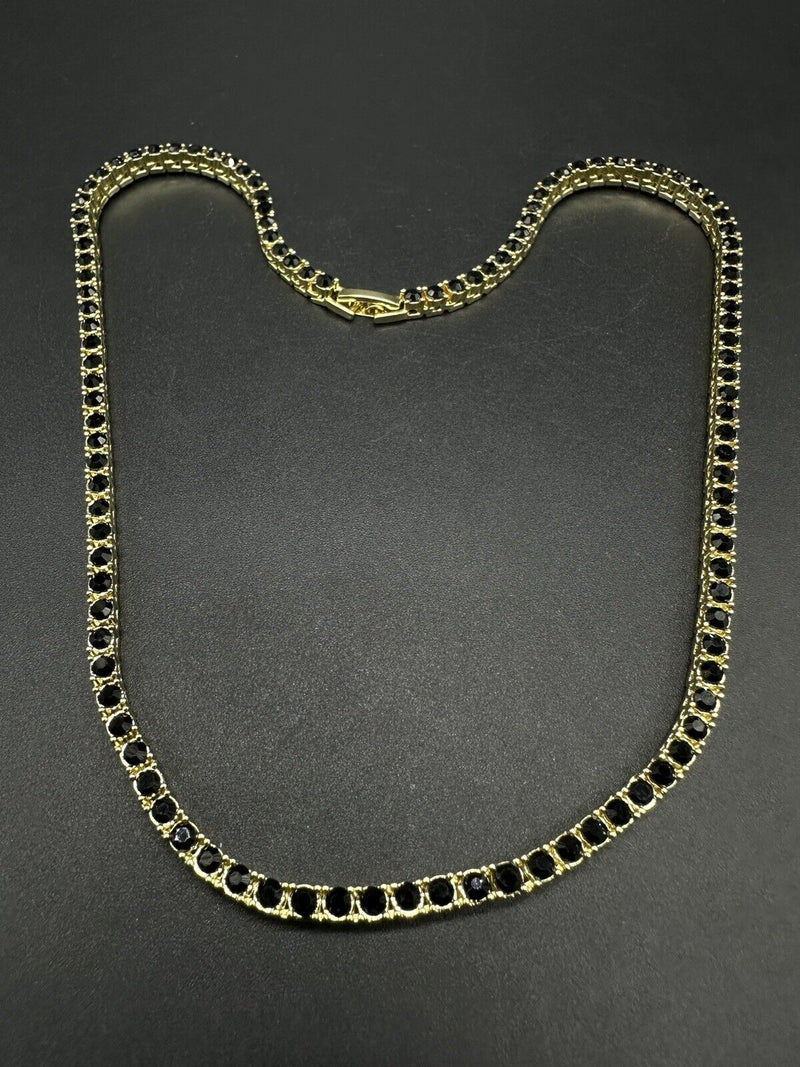 Black Rhinestone Gold Tone Tennis Necklace 16” Unisex