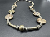 Vintage Silver Tone Jasper? Flat Beaded Necklace Tribal Carved  22”