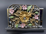 Vintage Rhinestone Colored Rose Floral Gunmetal Belt Buckle