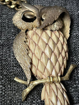 Vintage Signed L. Razza Large Owl Stone Pendant Necklace 18" Long