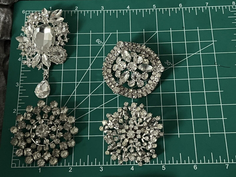 Vintage Silver Tone Unsigned Rhinestone Crystal Ice Brooch Pin Lot of 4