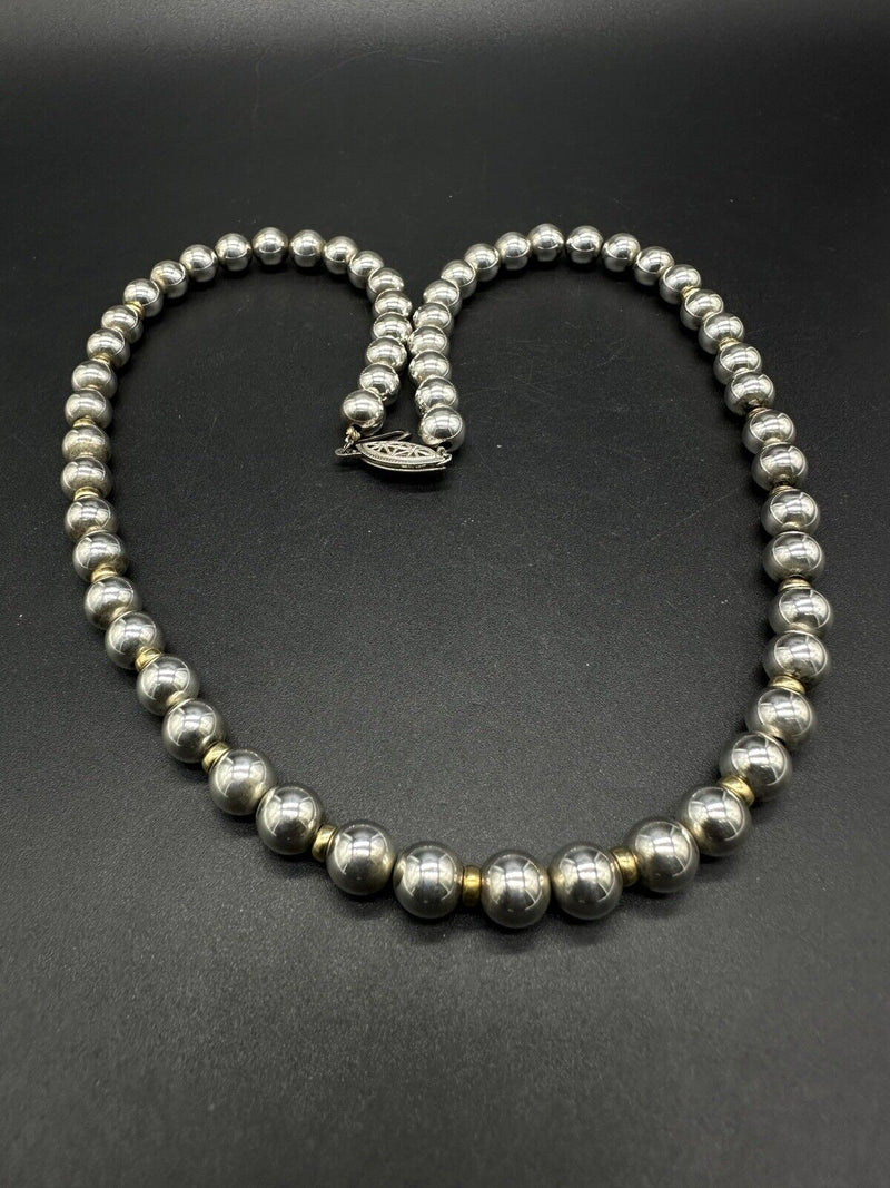 Vintage Sterling Silver W/Gold Filled Bead Necklace - 20" Long 29 Grams