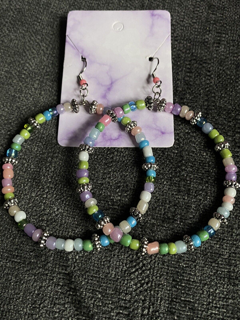 Handmade Crazy Mix Hoop Bead Earrings Pastel Multicolor 2.5"~Cute~