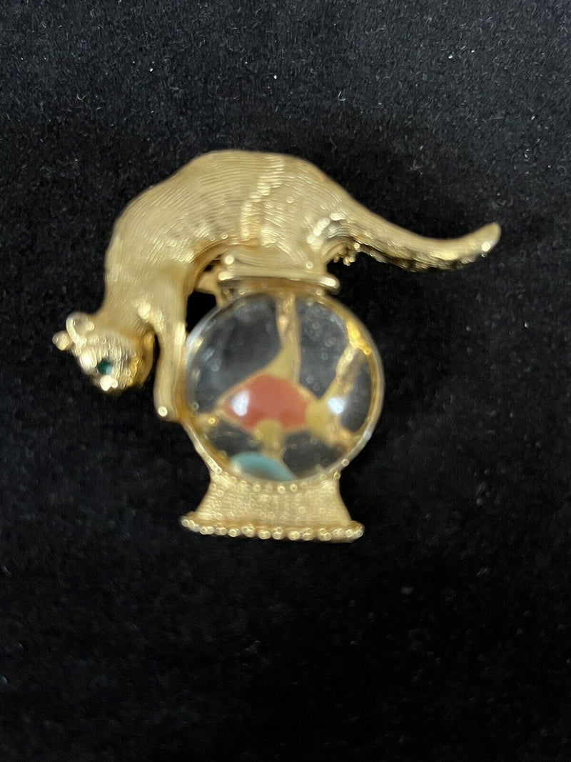 Vintage Gold Crown Jelly Belly KITTY Cat Paw in Fish Bowl BROOCH PIN