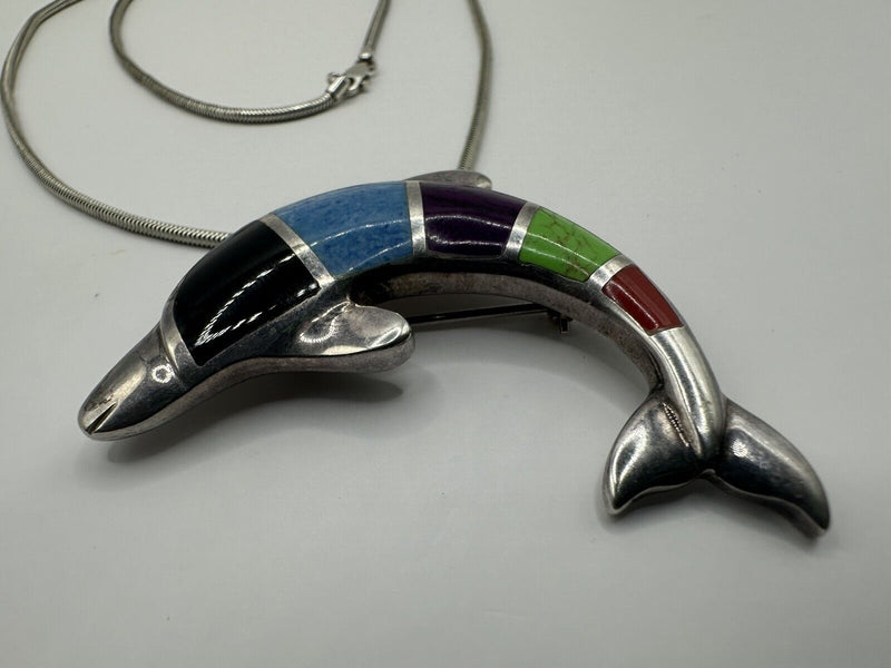 925 Sterling Silver Inlaid Gemstone Dolphin  Brooch Pendant 24Gs  Necklace 24”