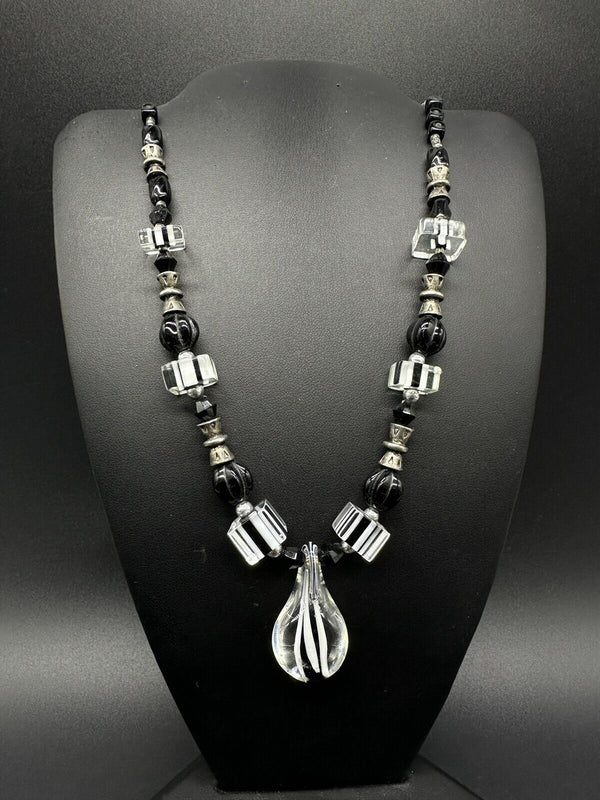 Vintage Art Deco Murano Glass Black & Clear Bead Necklace  17”
