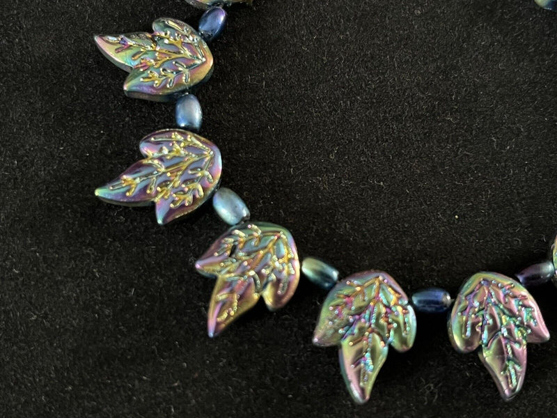 Metallic Carved Leaf Rainbow Hematite Sterling Silver Bead Bracelet 7.5”