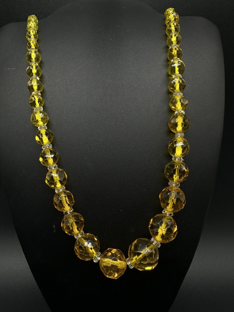 Beautiful vtg art deco graduated faceted yellow crystal Necklace 30" Long