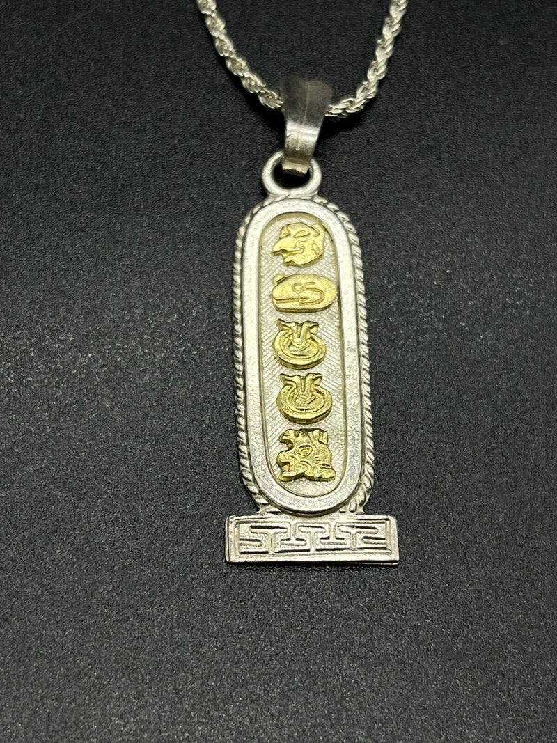 Vtg Sterling Silver with 18k Gold Vermeil Oro Maya Cartouche Pendant Necklace