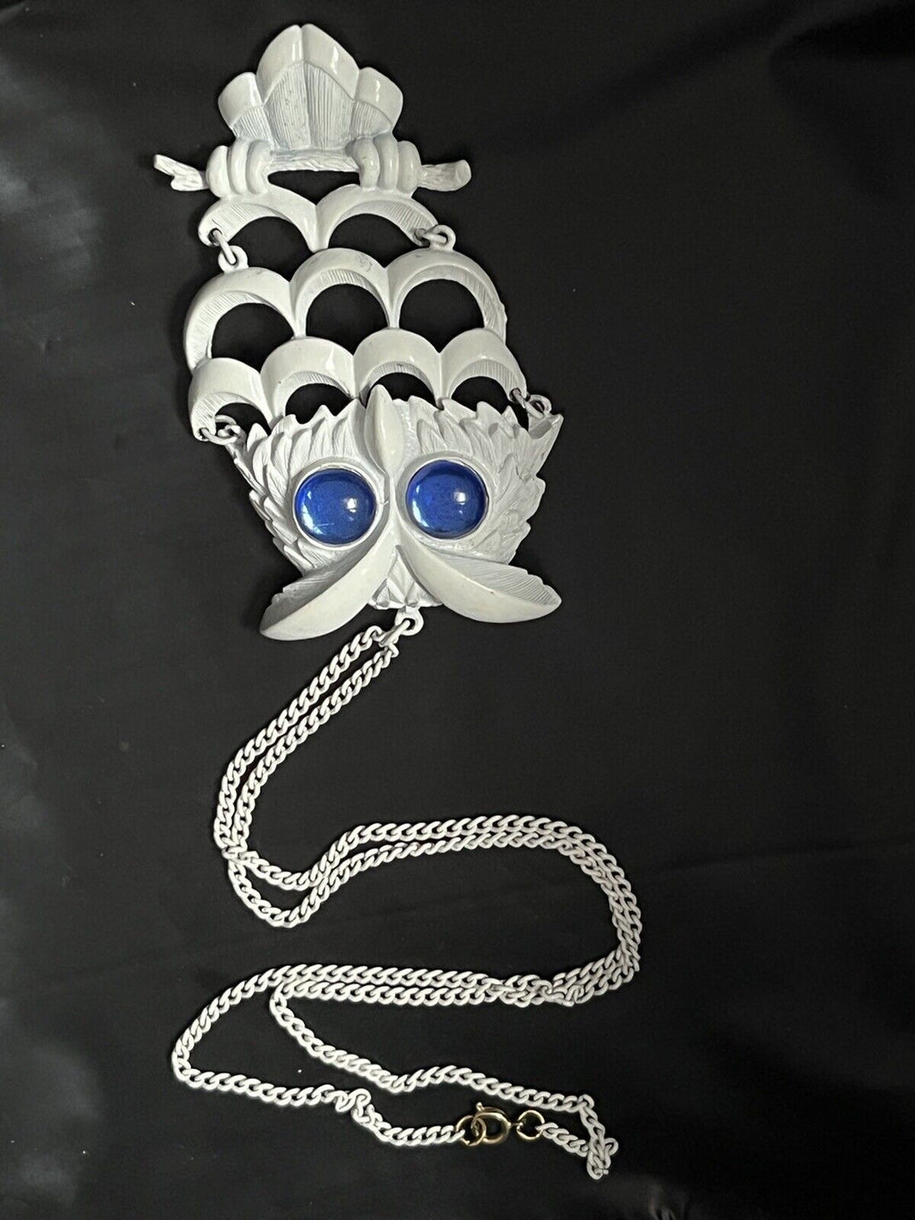 White Chain Large Pendant OWL  Statement Necklace 26” Long