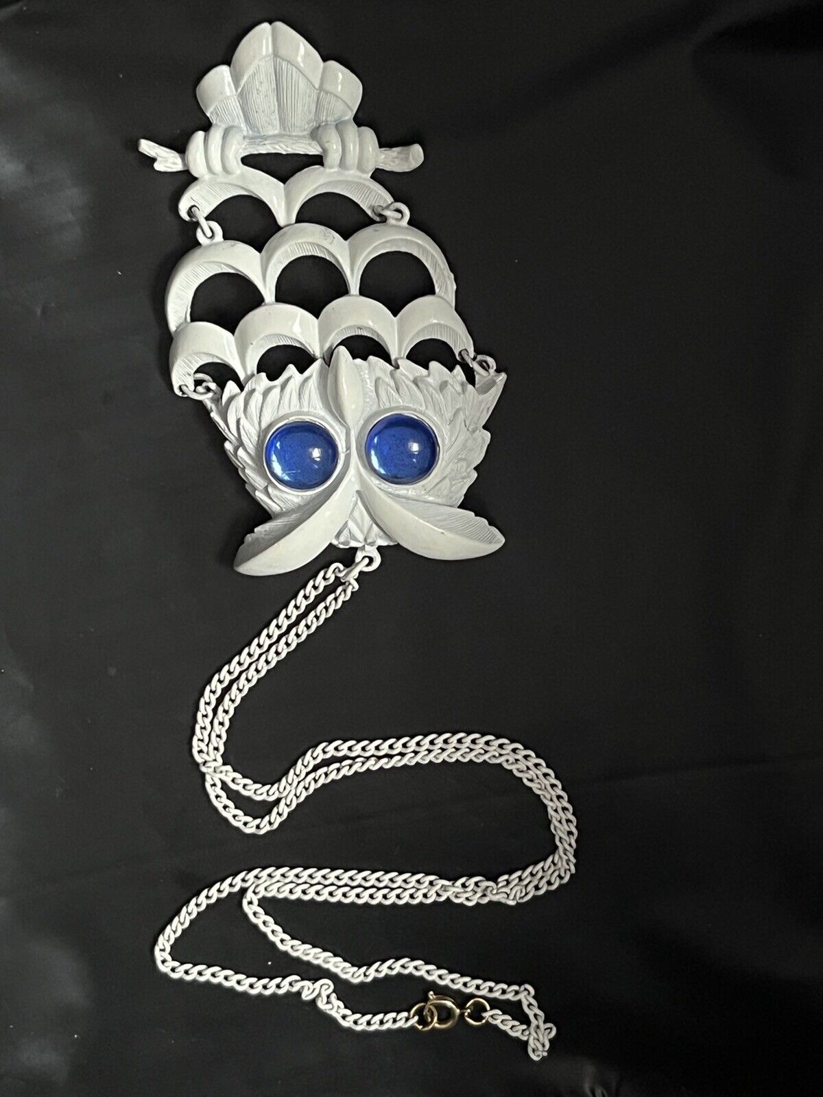 White Chain Large Pendant OWL  Statement Necklace 26” Long