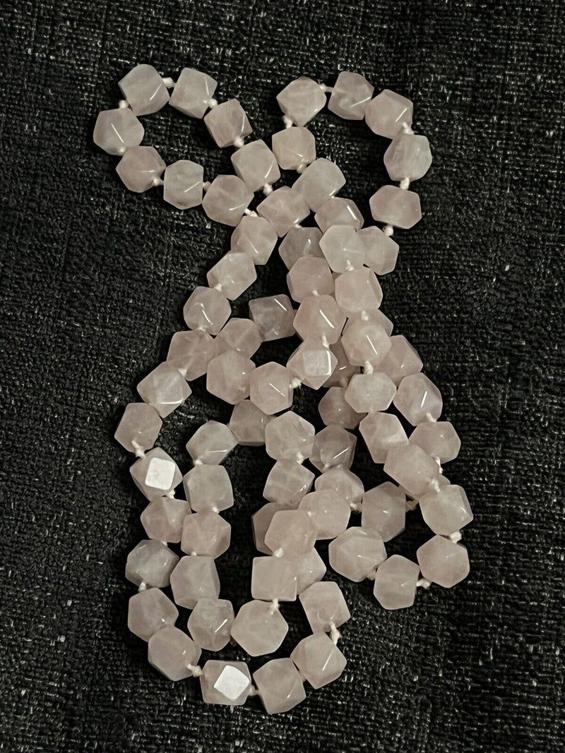 Vintage Pink Rose Quartz Hexagon Knotted Bead Necklace 34" Long