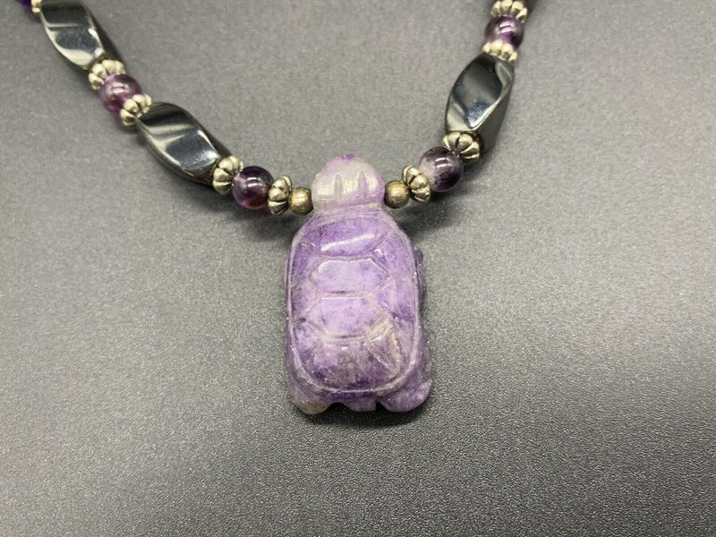 Amethyst Turtle Hematite Bead Necklace 20”