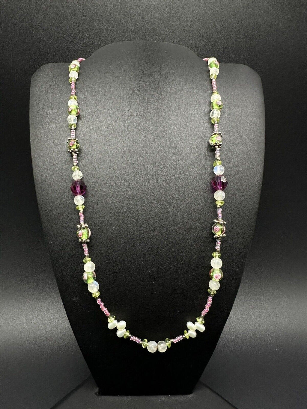 Vintage Murano Glass Pearl Beaded Faceted Crystal Necklace