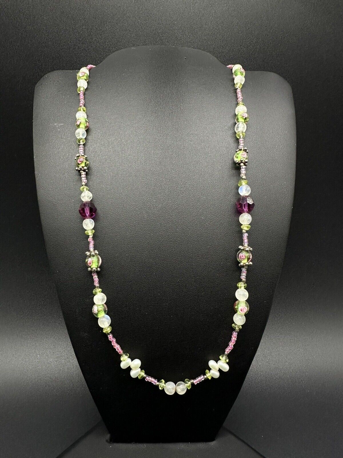 Vintage Murano Glass Pearl Beaded Faceted Crystal Necklace
