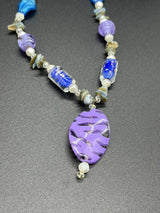 Vintage Art Foil Glass Beads Pendant Necklace 18" Long Purple Blue Pink