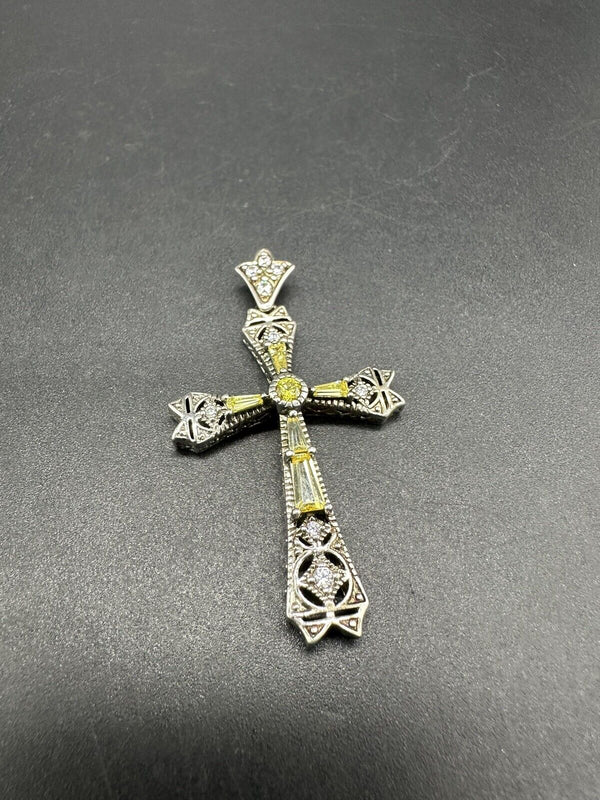 Marcasite Cross Pendant  2" Yellow Crystal Glass .925 Sterling Silver-6Gs