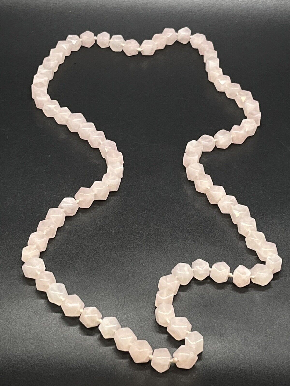 Vintage Pink Rose Quartz Hexagon Knotted Bead Necklace 34" Long