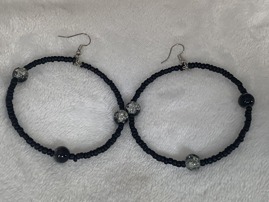 Hoop Black Seed Bead Hoop Earrings 2.5"