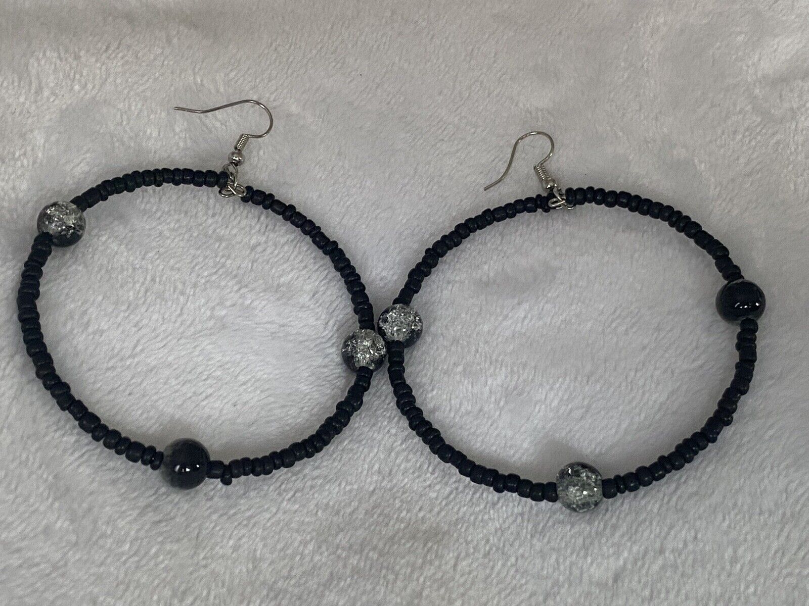 Hoop Black Seed Bead Hoop Earrings 2.5"