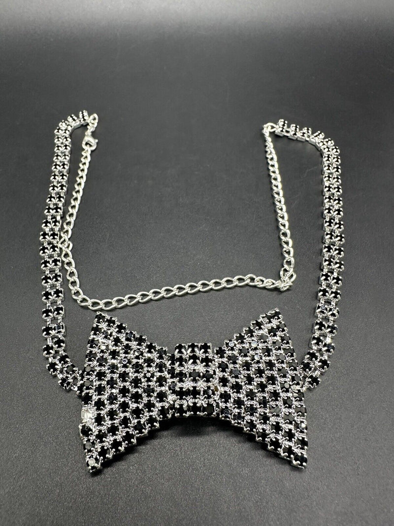 Black Rhinestone Bow Necklace Silver Tone Vintage Statement 24in