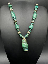 Vintage Carved Malachite Aztec? Sterling Silver Gemstone Bead Necklace  59Gs 20”