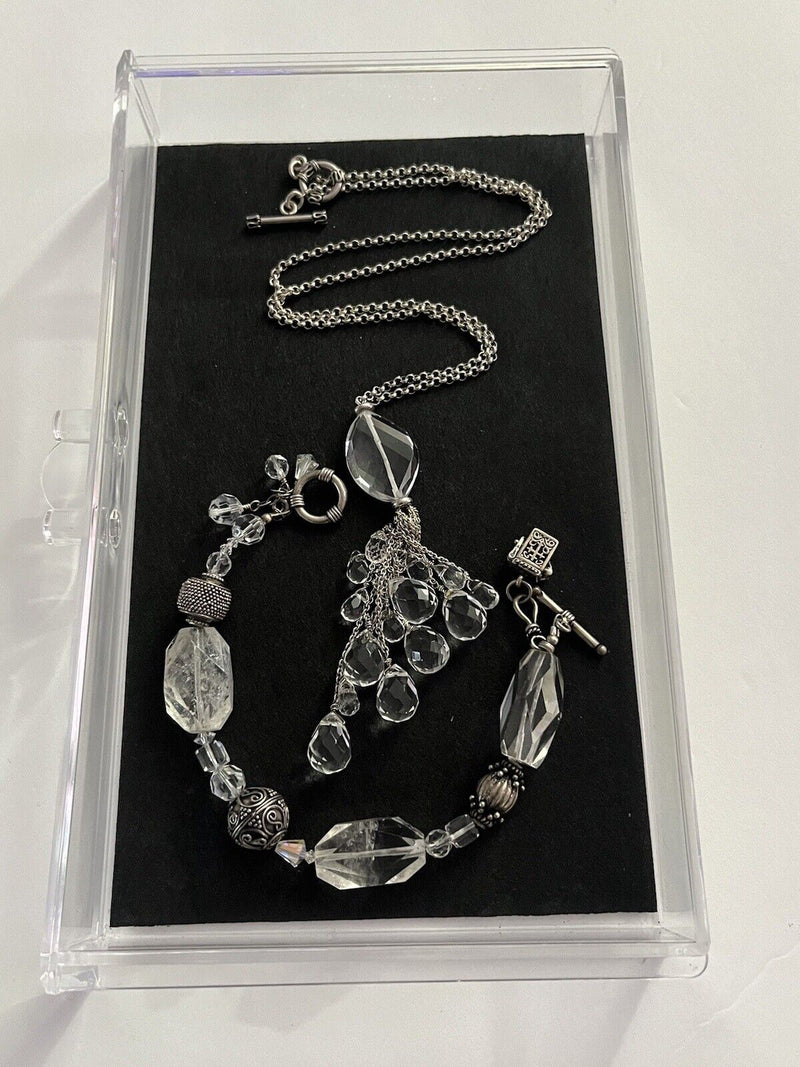 STERLING SILVER Crystal Rock NECKLACE 23” W/Bracelet 7.5” Set