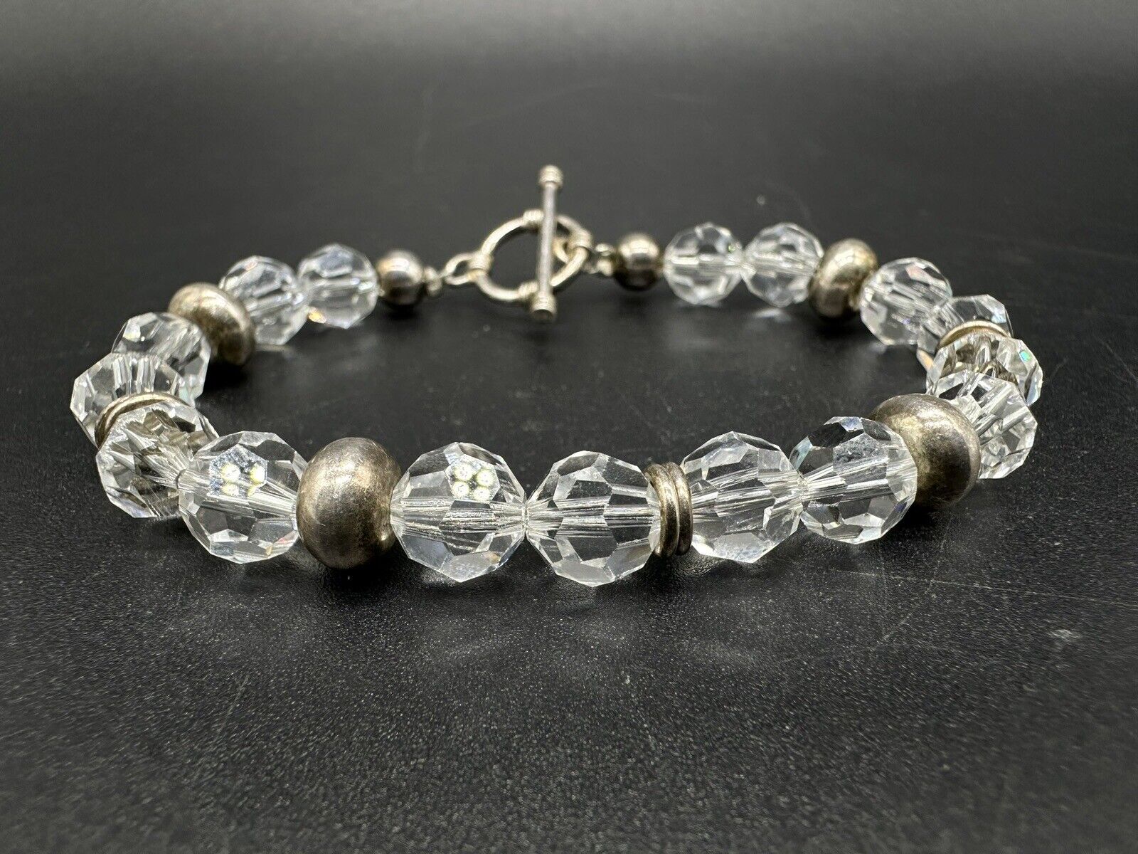 Sterling Silver Crystal Faceted Beaded Bracelet 6.25”