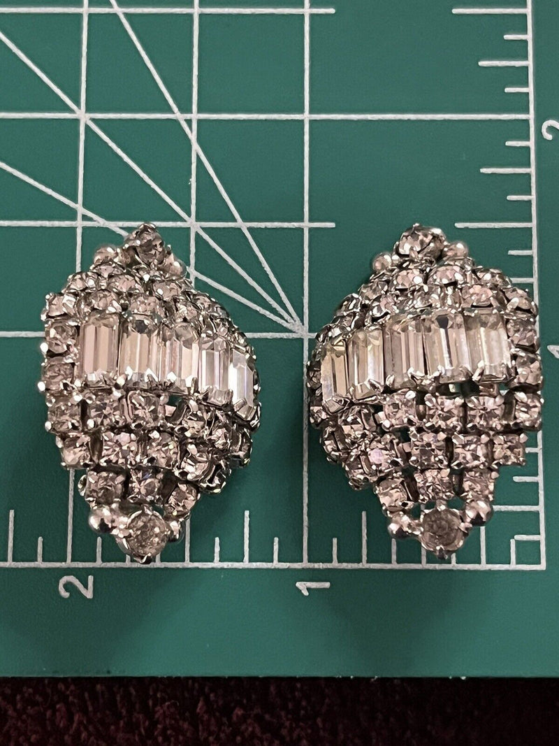 Vintage High-End Domed Baguette Elegant Rhinestone Clip On Earrings 1.5"