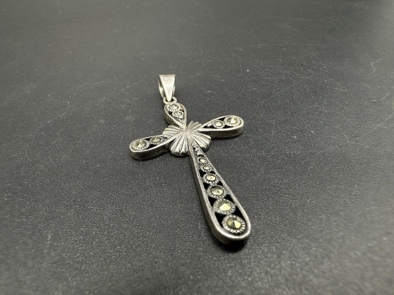 Sterling Silver Marcasite Cross Pendant Charm Patina Vintage 925 1.75”