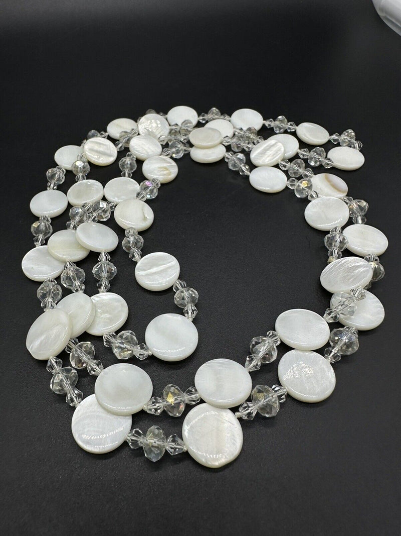 Mother of Pearl White Bead Crystal Necklace 44”