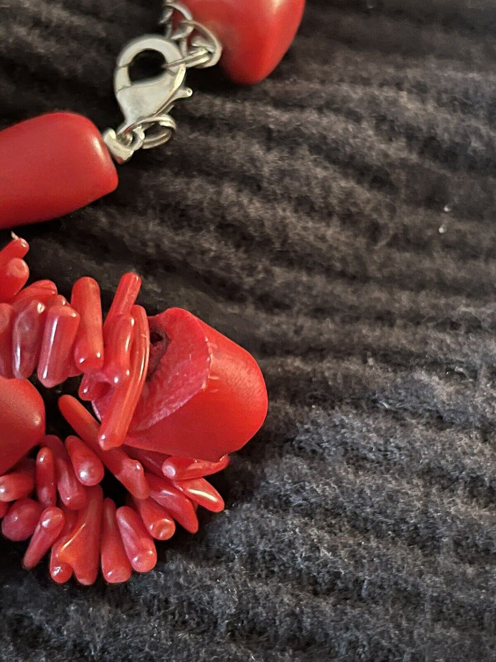 Red Coral Nugget Branch Silver Tone 18"  Necklace