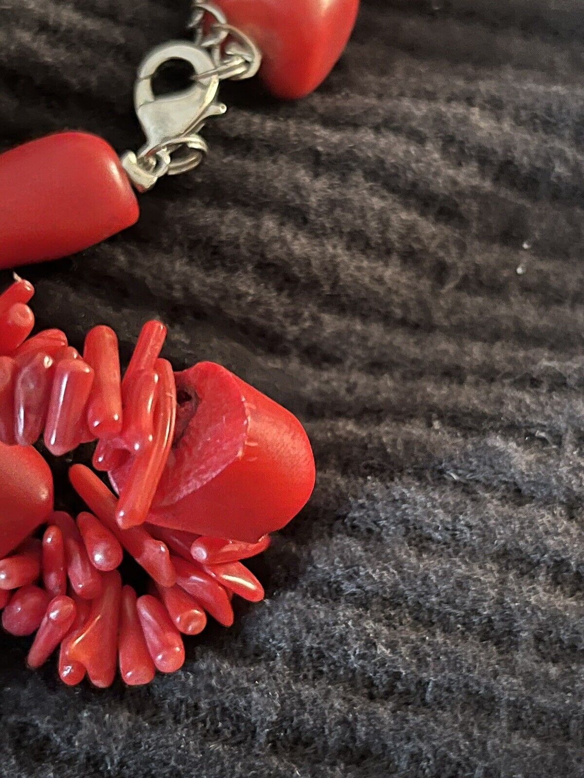 Red Coral Nugget Branch Silver Tone 18"  Necklace