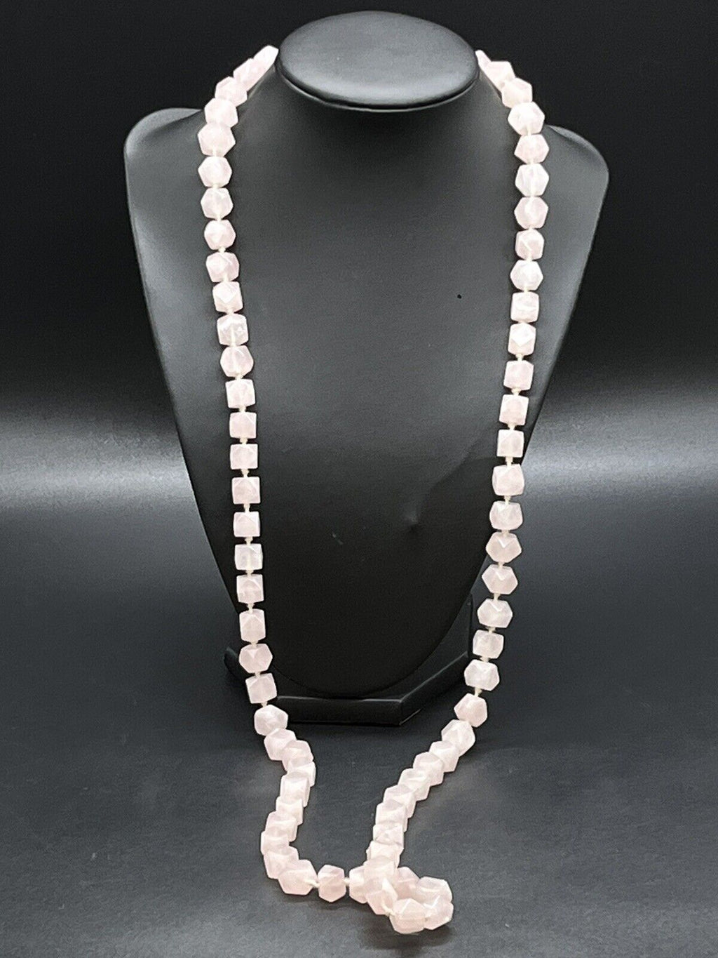 Vintage Pink Rose Quartz Hexagon Knotted Bead Necklace 34" Long
